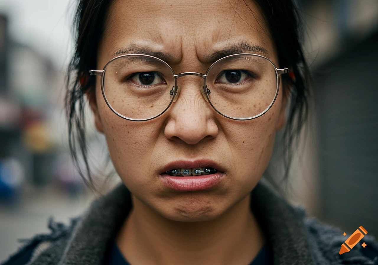 Close-up photorealistic portrait of an angry woman with braces and glasses scowling at the camera.