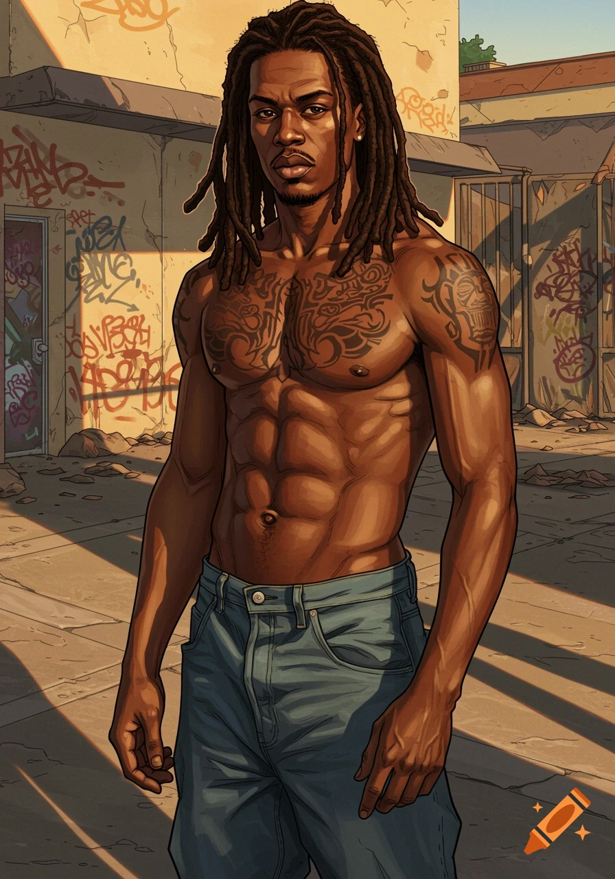 Shirtless Black man with dreadlocks and chest tattoos in baggy jeans, standing in an urban area with graffiti, in a comic book art style.