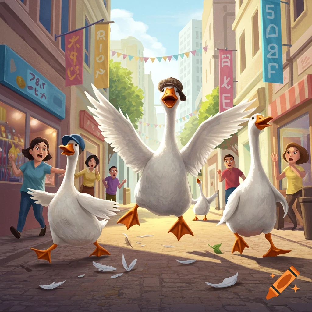 Cute cartoon illustration of five geese running wild in a city street, with startled people reacting in the background.