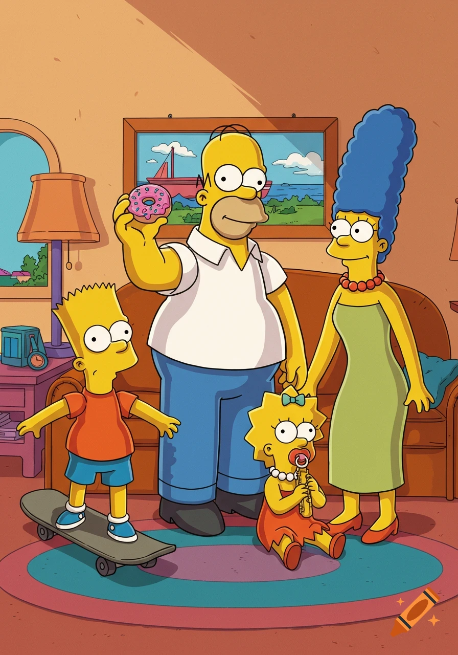 The Simpsons family in their living room, with Homer holding a donut, Bart on a skateboard, and Lisa with a pacifier.