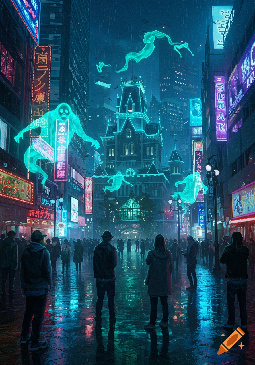 A dark, rainy cyberpunk Tokyo street at night, with neon signs glowing on tall buildings, and luminous blue-green ghosts floating around a central, gothic haunted mansion.