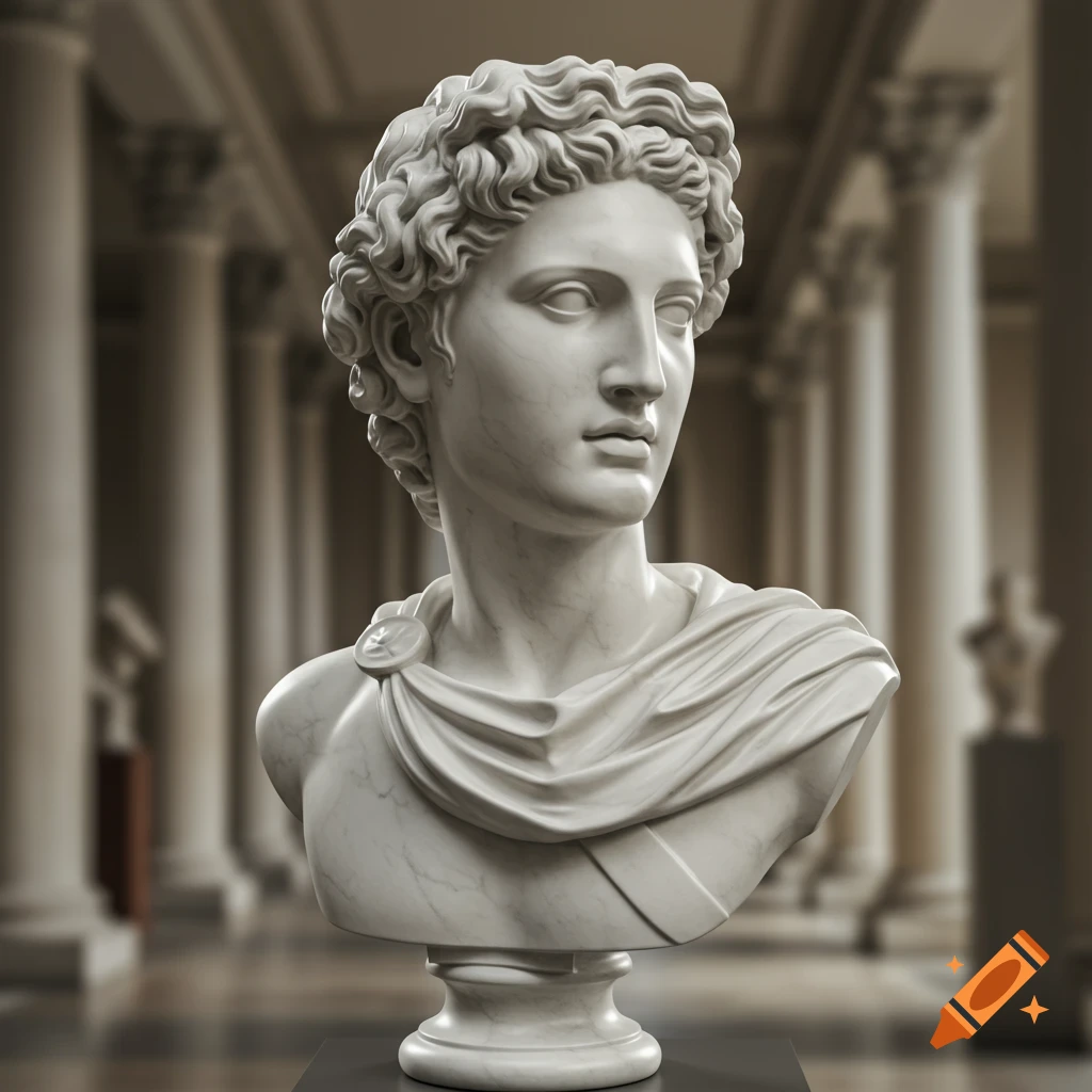 A finely detailed white marble bust of a classical figure with curly hair and draped shoulders, set in a grand hall with columns.