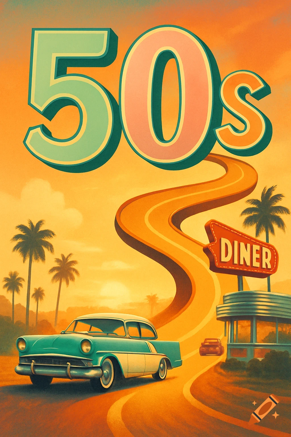 A retro illustration featuring a teal and white 1950s car driving on a winding road with palm trees and a diner under large '50s' text.