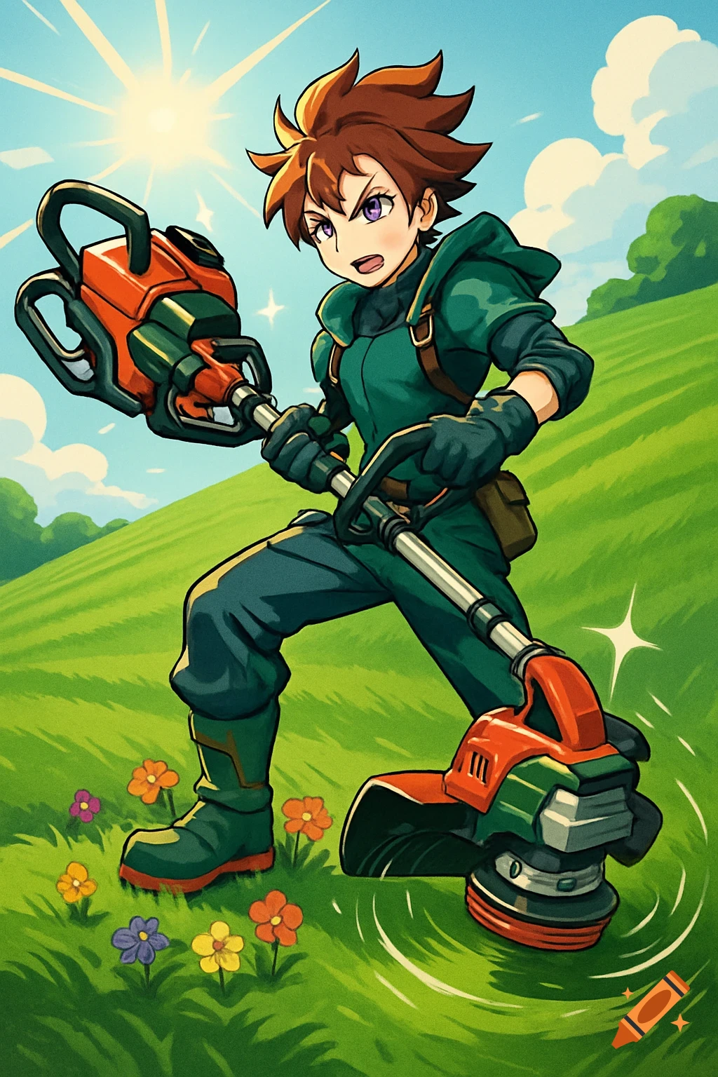 An anime character with spiky brown hair, wearing green overalls and gloves, holding a red and green weed eater like a weapon in a sunny, grassy field.