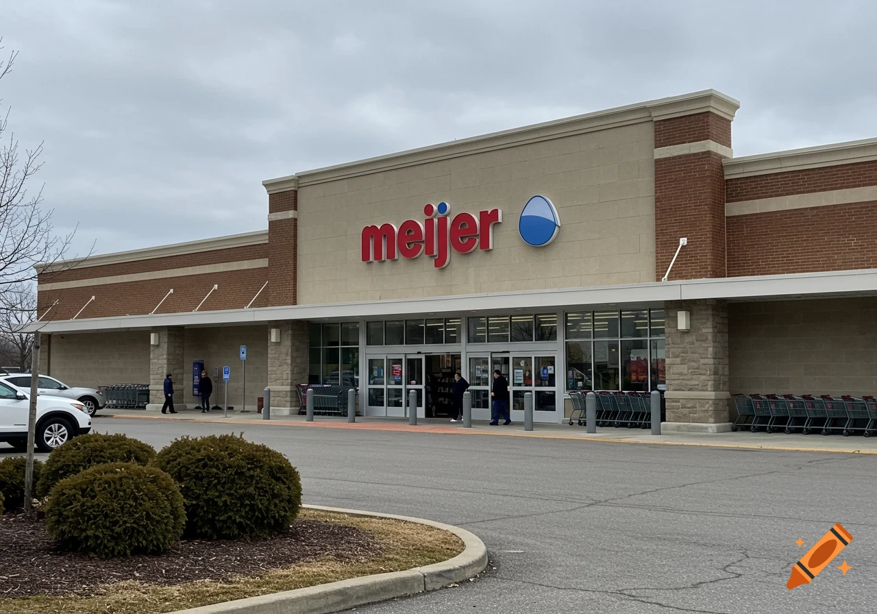 Exterior view of a Meijer store building with its red sign, a parking lot, and shopping carts on a cloudy day.