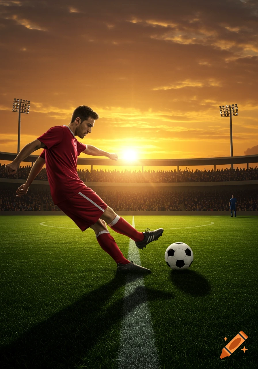 Photorealistic image of a soccer player in a red uniform kicking a ball on a green field in a stadium at sunset.