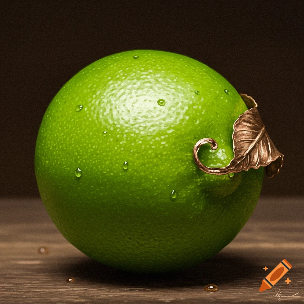 A photorealistic image of a vibrant green lime covered in water droplets, adorned with a bronze leaf, resting on a dark wooden surface.