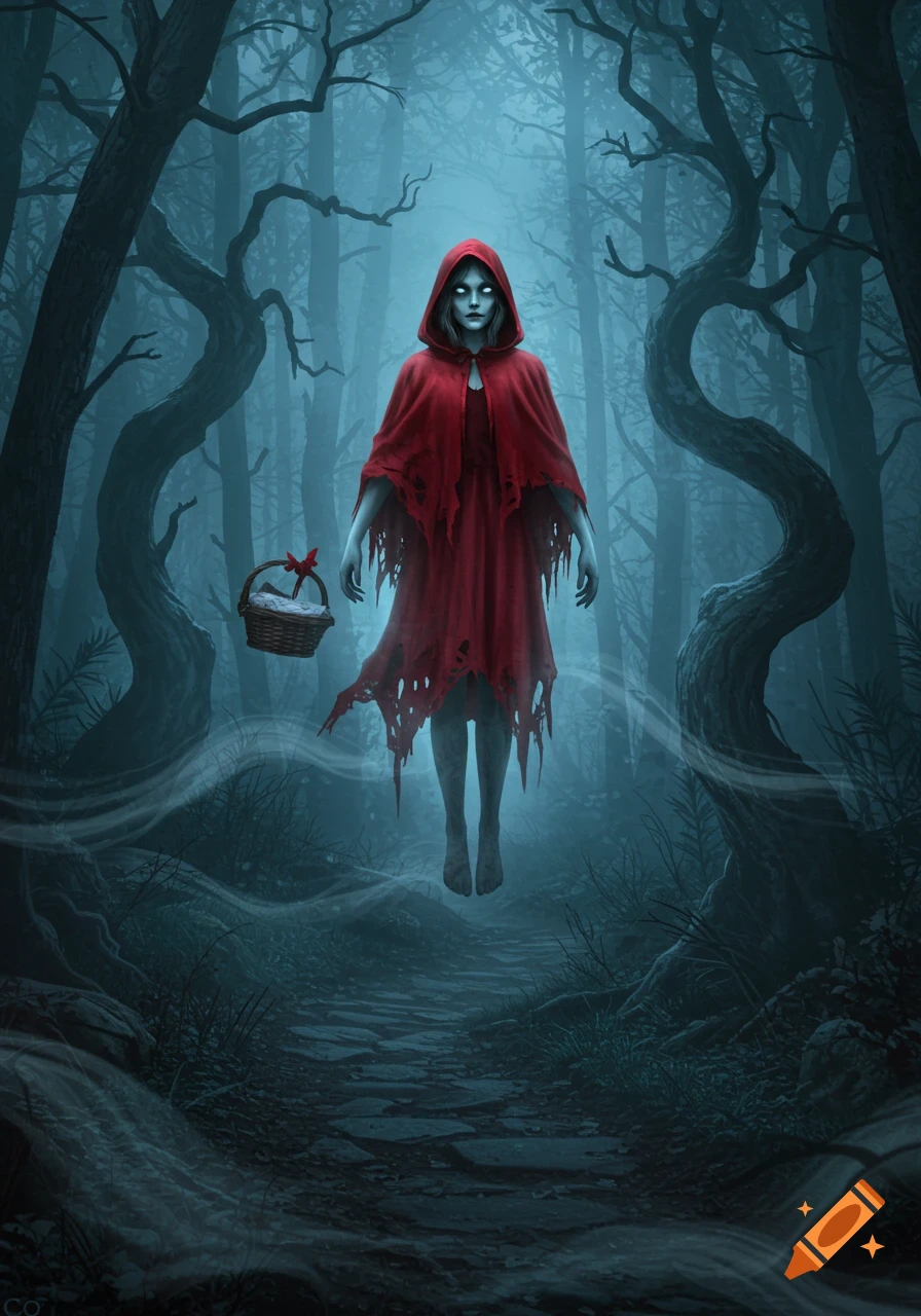 A ghostly, pale figure in a tattered red hooded cloak floats in a dark, foggy forest, holding a basket.