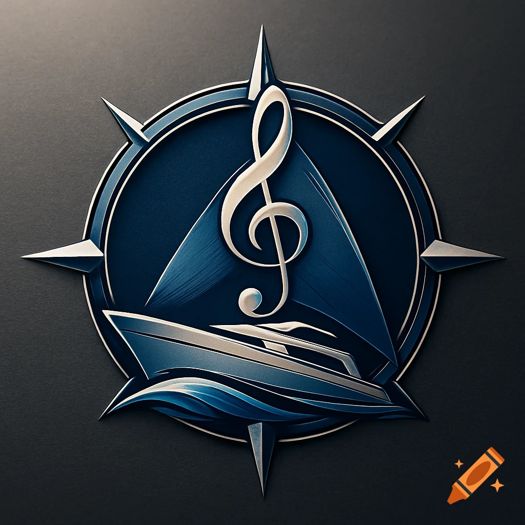 A sleek, metallic dark blue logo featuring a yacht, a treble clef, and a compass rose design.