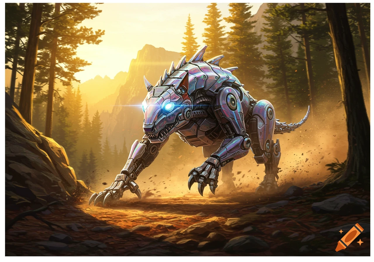 A robotic animal with glowing blue eyes and metallic armor stalks through a sunlit forest.