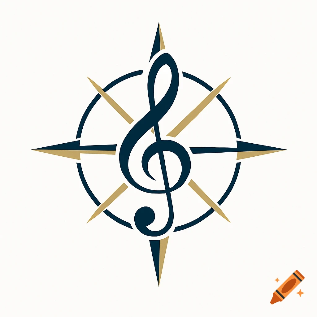 A blue treble clef inside a circular compass rose with gold and blue pointers on a white background.