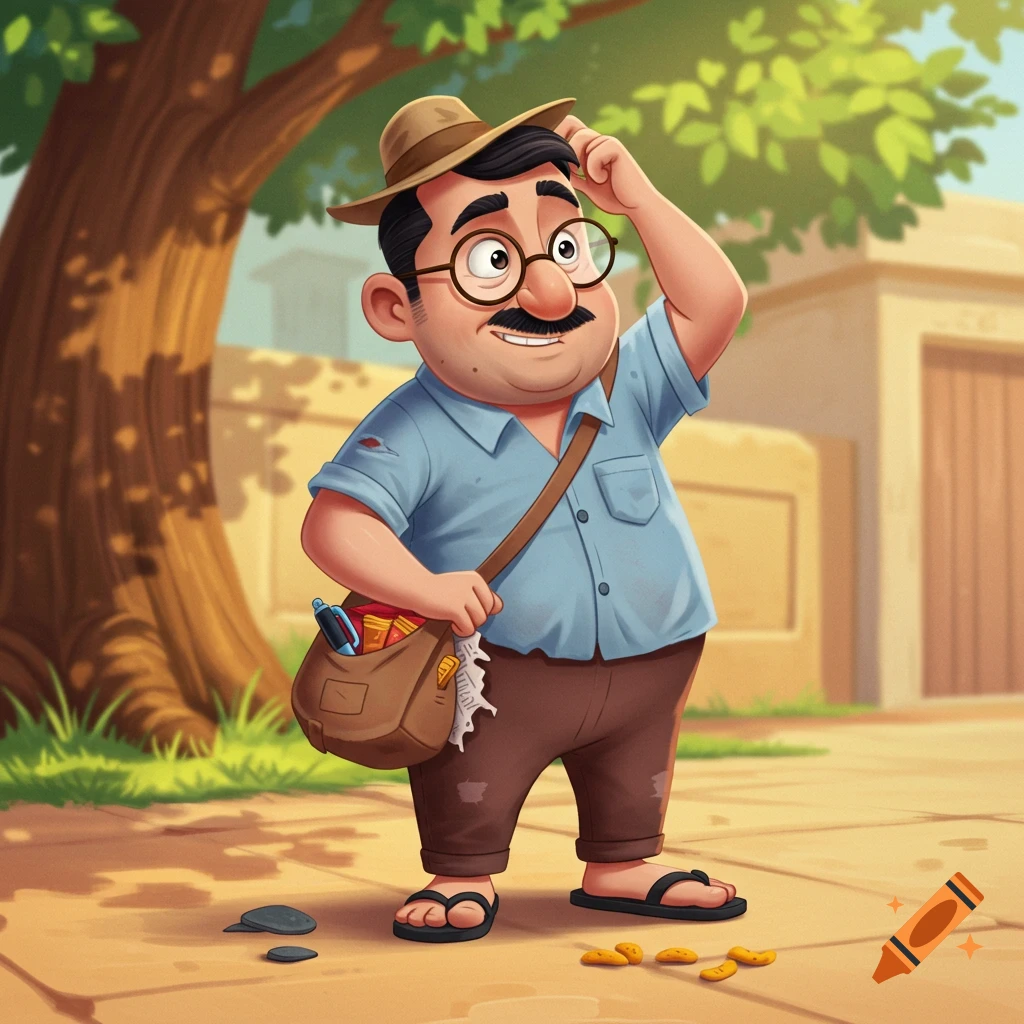 A chubby male cartoon character wearing a hat, glasses, blue shirt, and brown pants, scratching his head and looking puzzled under a tree.