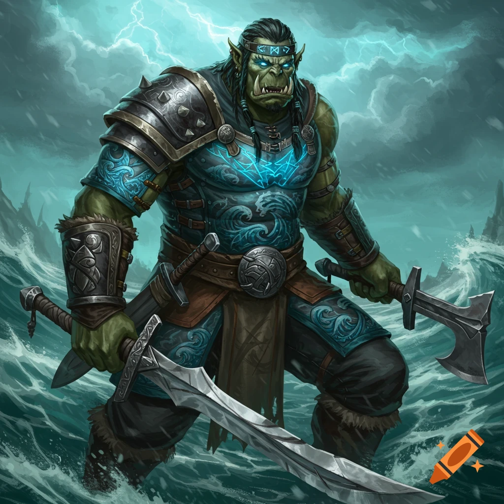 A powerful green-skinned orc warrior with glowing blue eyes and tusks stands in stormy waters, wielding a broadsword and a shortsword. He wears ornate armored chestplate with glowing blue runes.