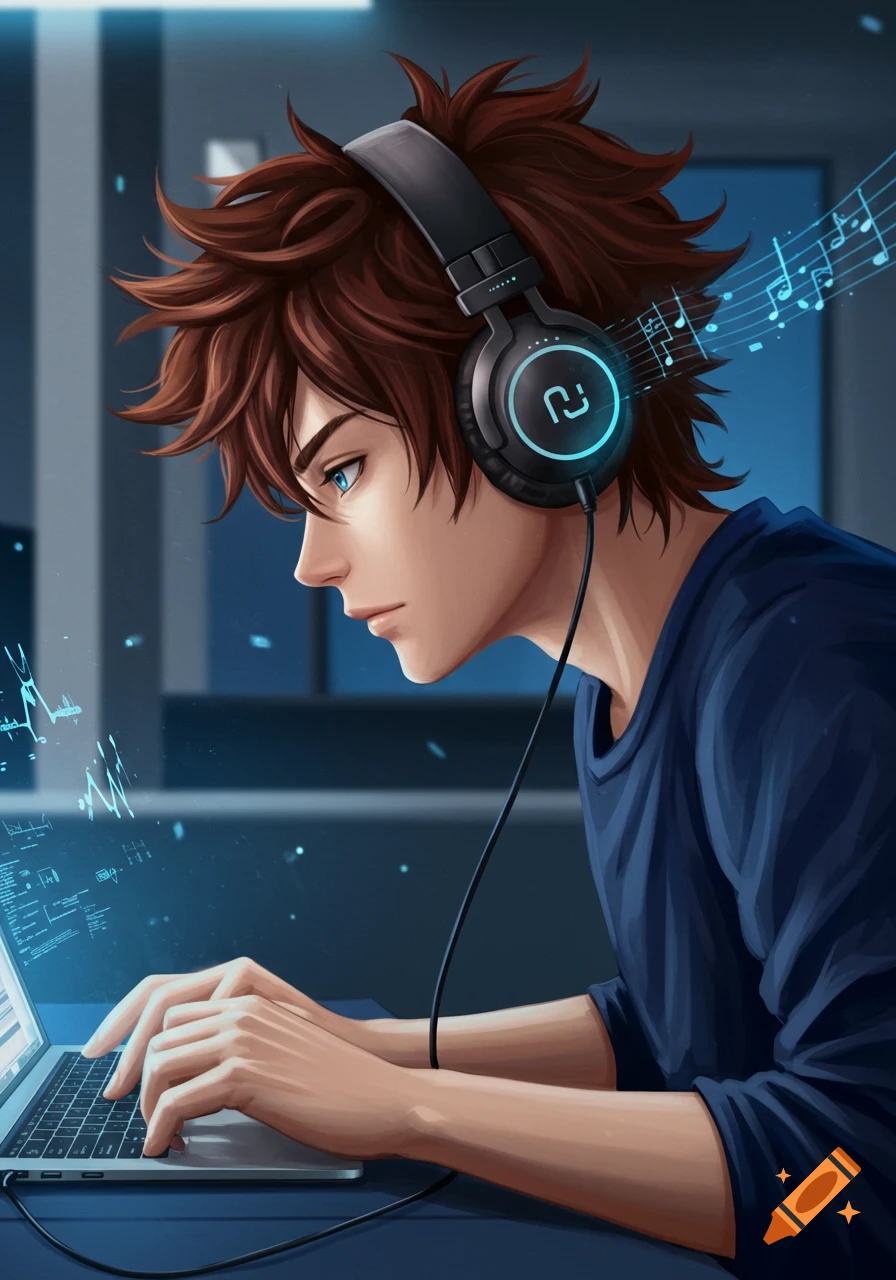 An anime guy with spiky brown hair and blue eyes wears headphones, typing on a laptop with glowing musical notes.