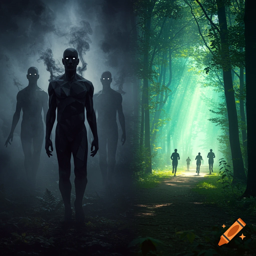 Stylized image with dark, glowing-eyed figures in smoke on the left and silhouetted runners in a bright, sunlit forest on the right.
