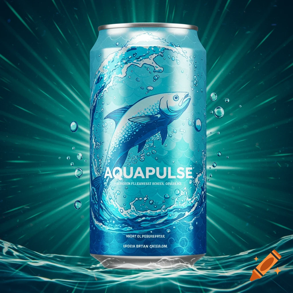 A blue and silver beverage can with a stylized fish, water splashes, and the word 'AQUAPULSE' on its label, set against a vibrant blue-green background.