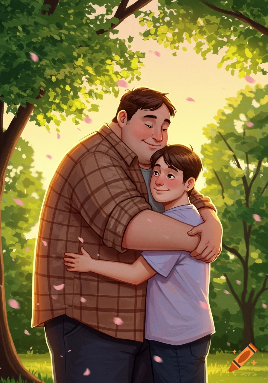 An illustration of a large man hugging a smaller man in a sunlit park with falling leaves.