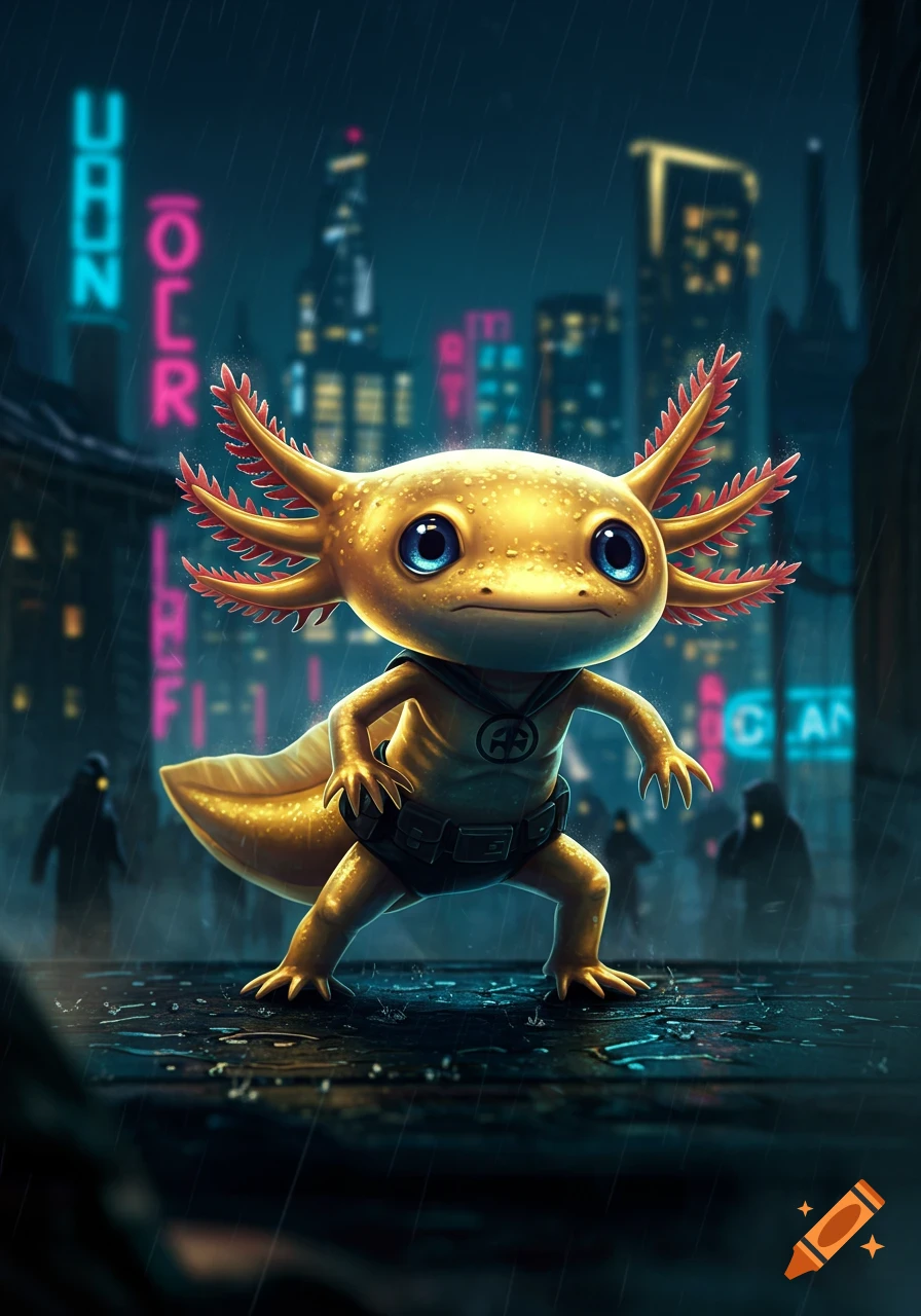 A cute, golden axolotl superhero in a dark, rainy, neon-lit cityscape at night.