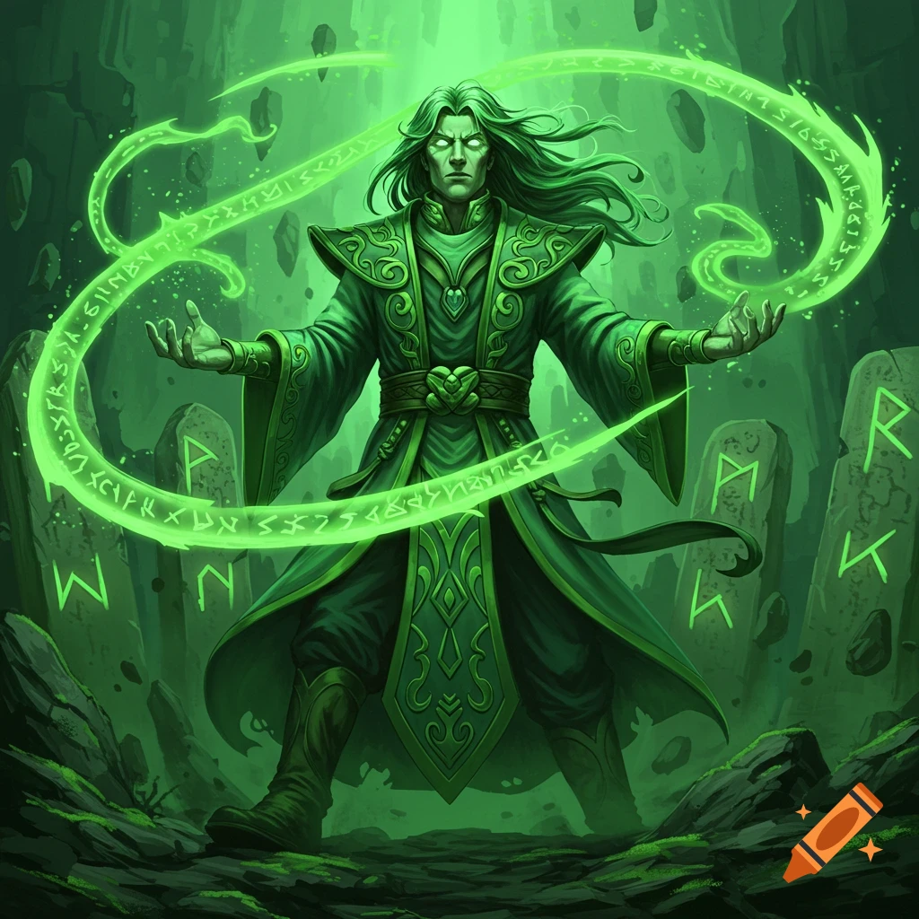 A powerful wizard in green robes with long green hair and glowing eyes casts a spell, surrounded by glowing green runes and standing among stone monoliths in a dark, mystical setting.