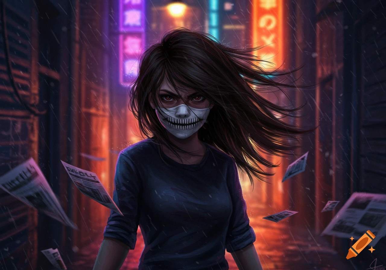 An angry girl with long dark hair and red eyes wears a white mask with a skull-like grin in a dark, rainy alley with neon lights and flying papers.