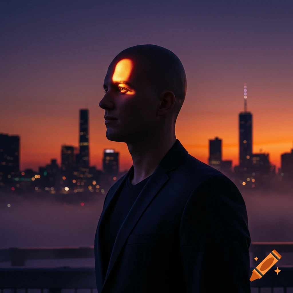 A bald man in a suit looks left, illuminated by a dramatic sunset glow over a city skyline at dusk.