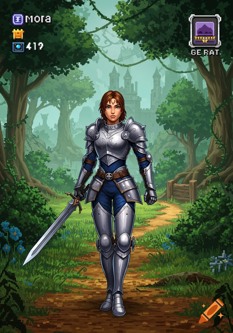 A female knight in full silver armor and blue clothing holds a sword, standing on a dirt path in a pixel art forest with a castle in the background.