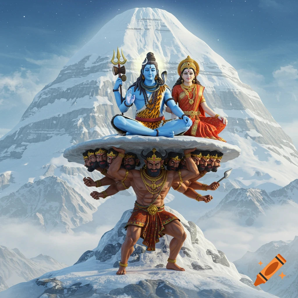 3D rendered image of Ravana holding up Mount Kailash, with blue-skinned Shiva and golden-skinned Parvati seated atop a cloud platform.