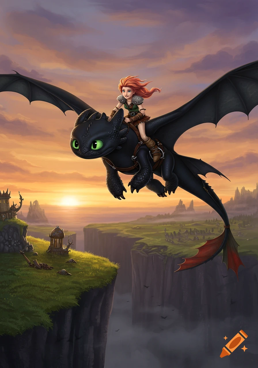 A red-haired girl rides a black dragon, Toothless, soaring over a rugged cliff landscape at sunset in an animated style.