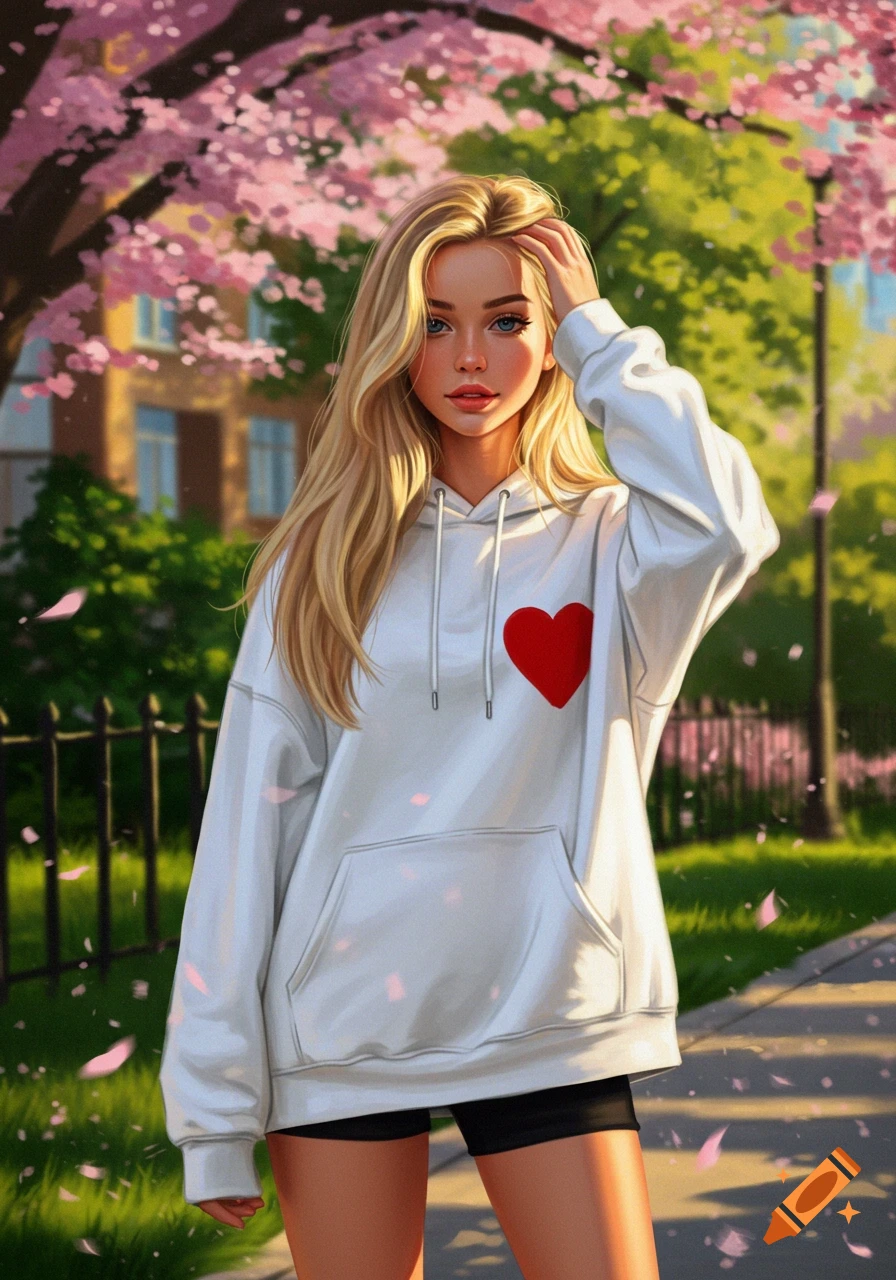 An illustrated portrait of a blonde girl in a white hoodie with a red heart, black shorts, standing in a park with cherry blossoms.