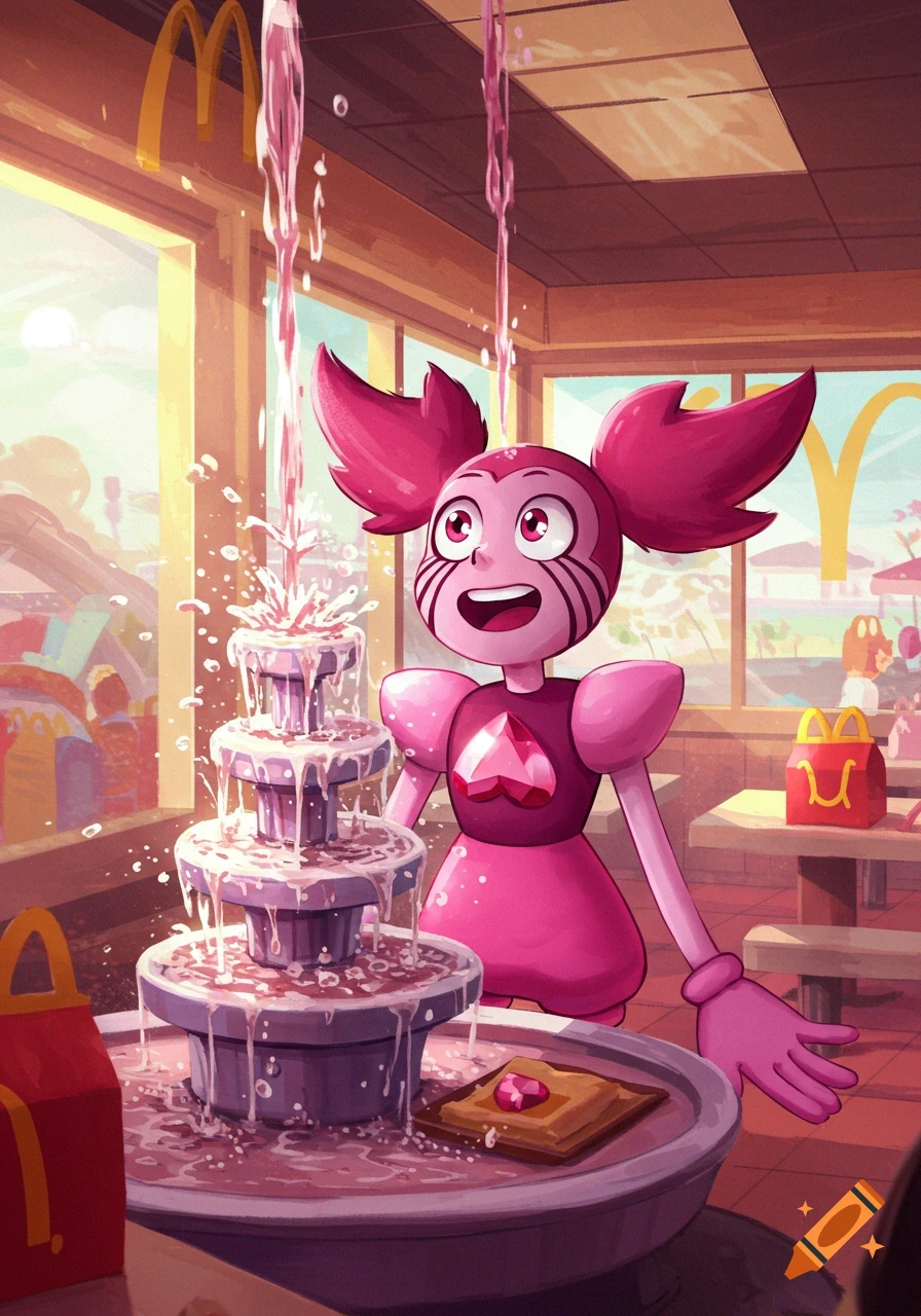 Spinel from Steven Universe stands in a McDonald's, looking up at a pink liquid fountain. McDonald's logos are visible in the background.