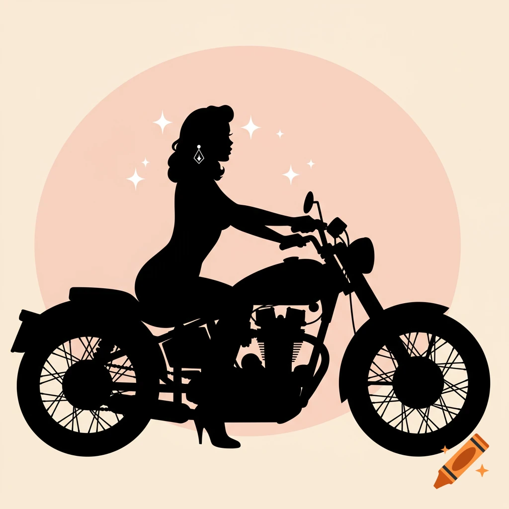 Silhouette of a 50s pin-up girl on a vintage motorcycle, against a peach circle background with sparkle accents.