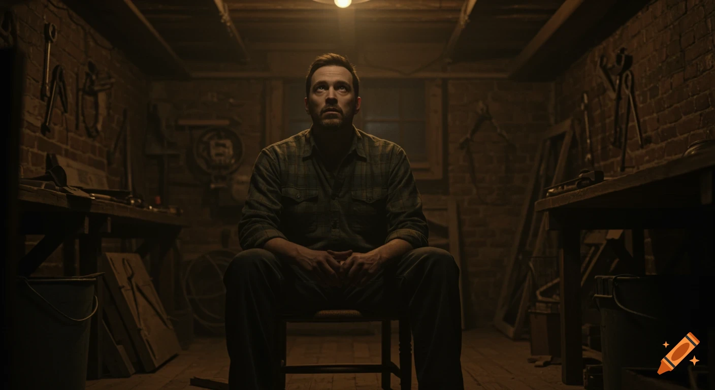 A man sits alone in a dark, dimly lit basement workshop, looking up at a single light source above him.