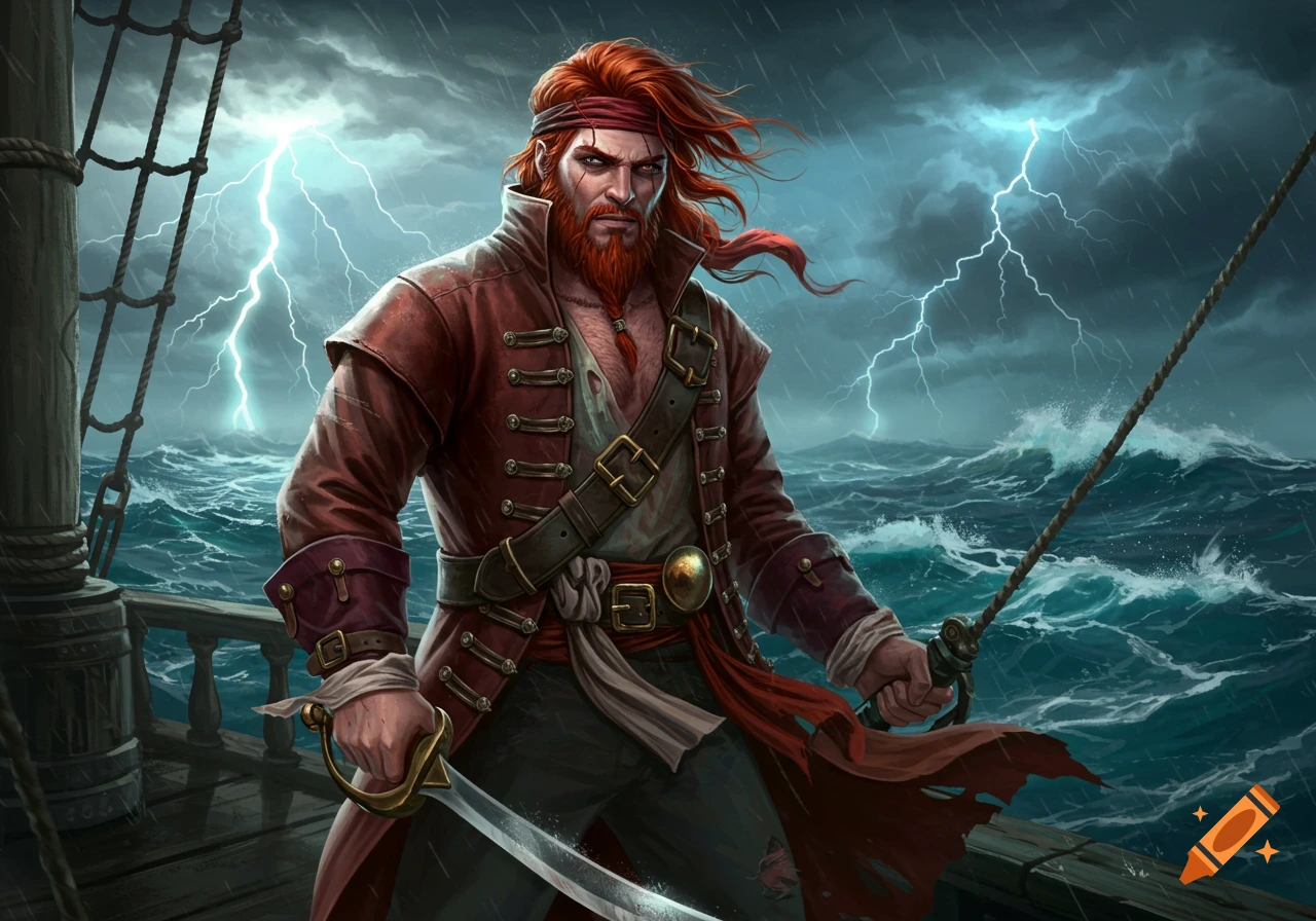 A red-haired pirate with a scar on his eye stands on a ship deck, holding a cutlass, amidst a stormy sea with lightning.