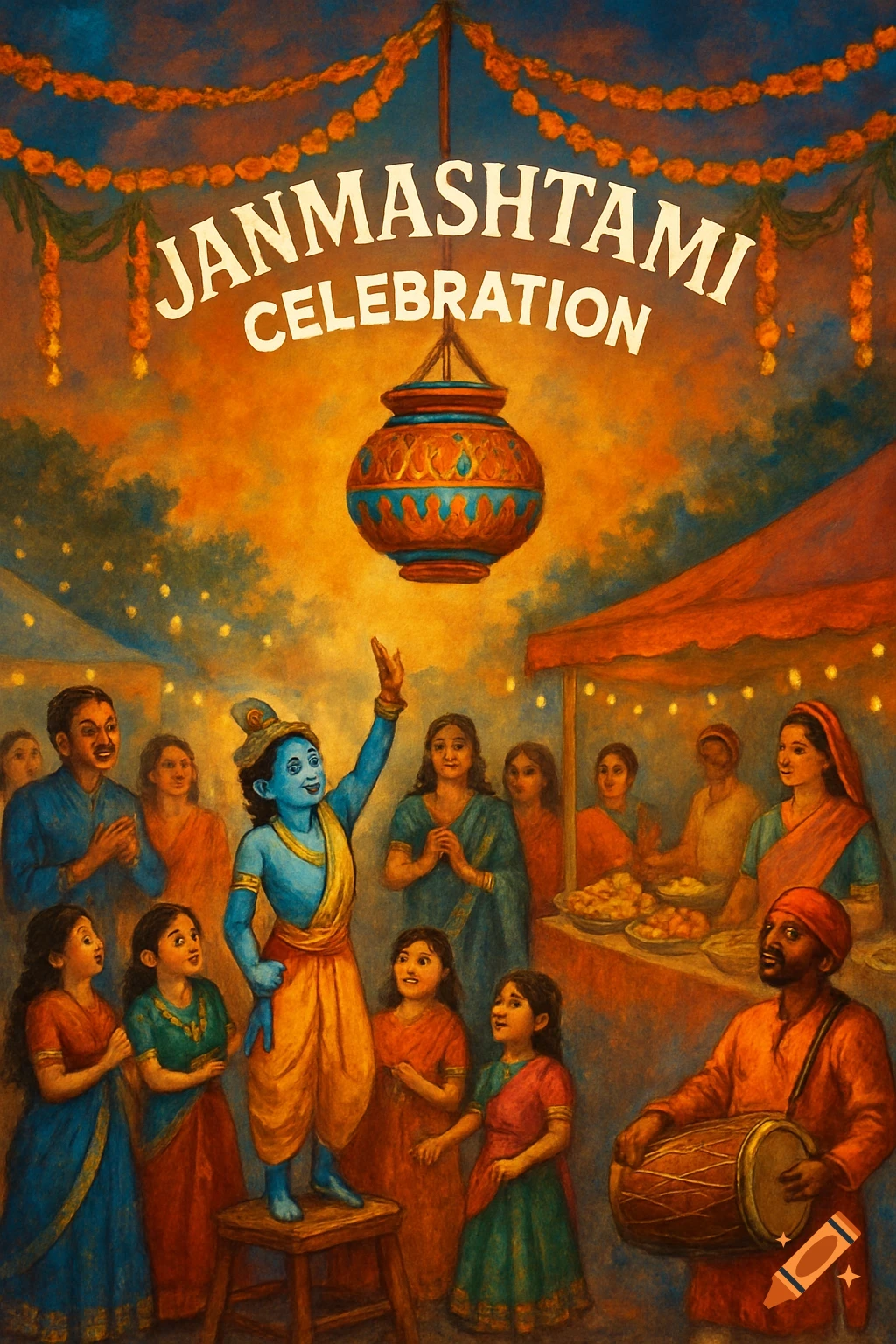 Vibrant painting of a Janmashtami celebration with a blue-skinned child (Krishna) reaching for a pot, surrounded by cheering people.