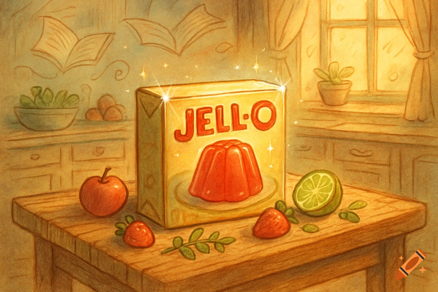 An illustration of a Jell-O box, an apple, strawberries, and a sliced lime on a wooden table in a warm, sepia-toned kitchen.