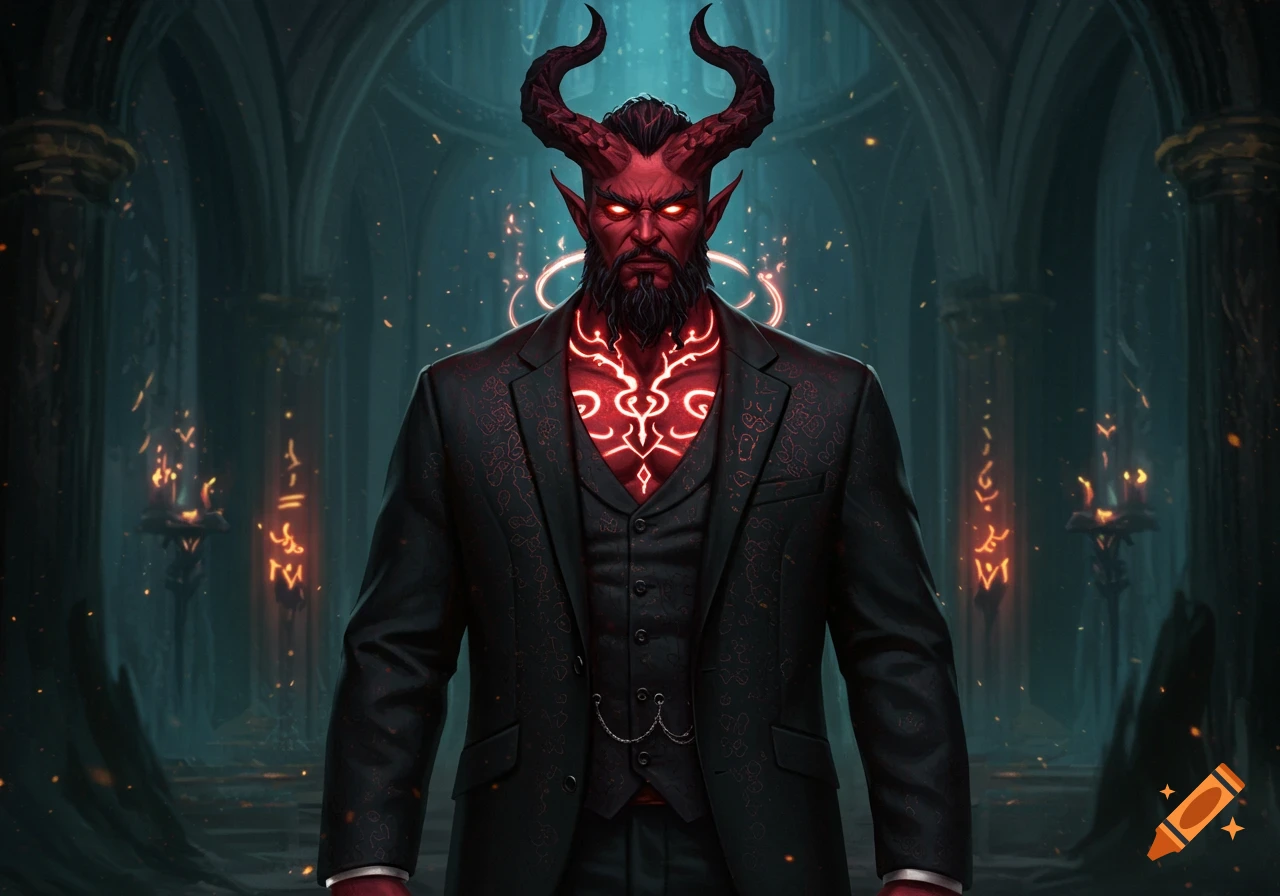 A burly male tiefling with red skin, horns, and glowing tattoos wears a black suit, standing in a dark arcane chamber.