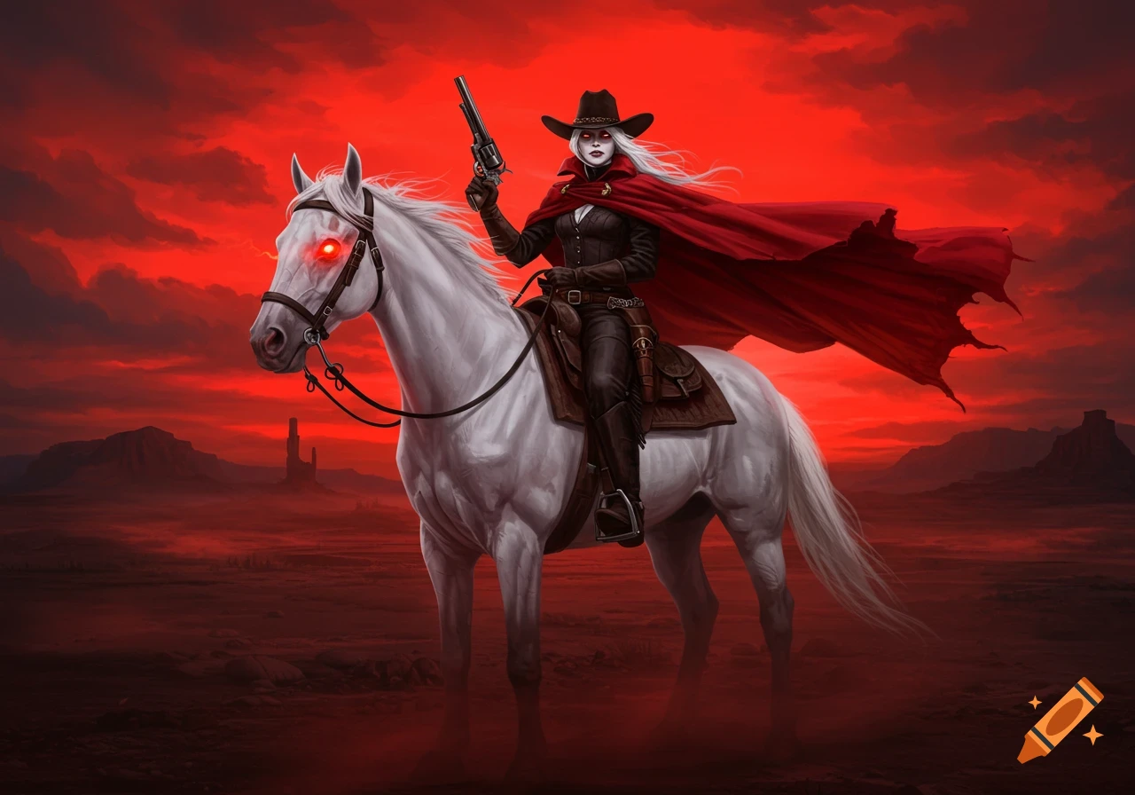 A gothic white cowgirl in a red cape rides a white horse with glowing red eyes through a blood-red desert landscape, holding a revolver.