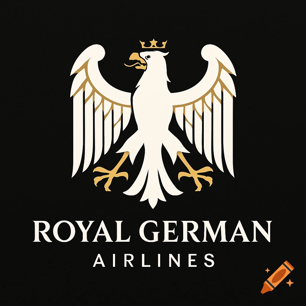 A white and gold eagle logo with a crown on a black background. Text below reads 'ROYAL GERMAN AIRLINES'.