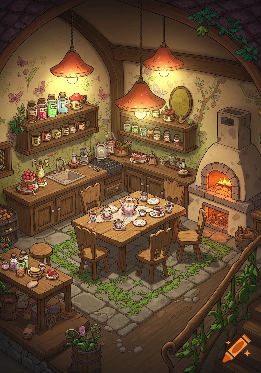 A whimsical cartoon fairy house kitchen with a rustic table set for tea, shelves of jars, and a lit stone oven.