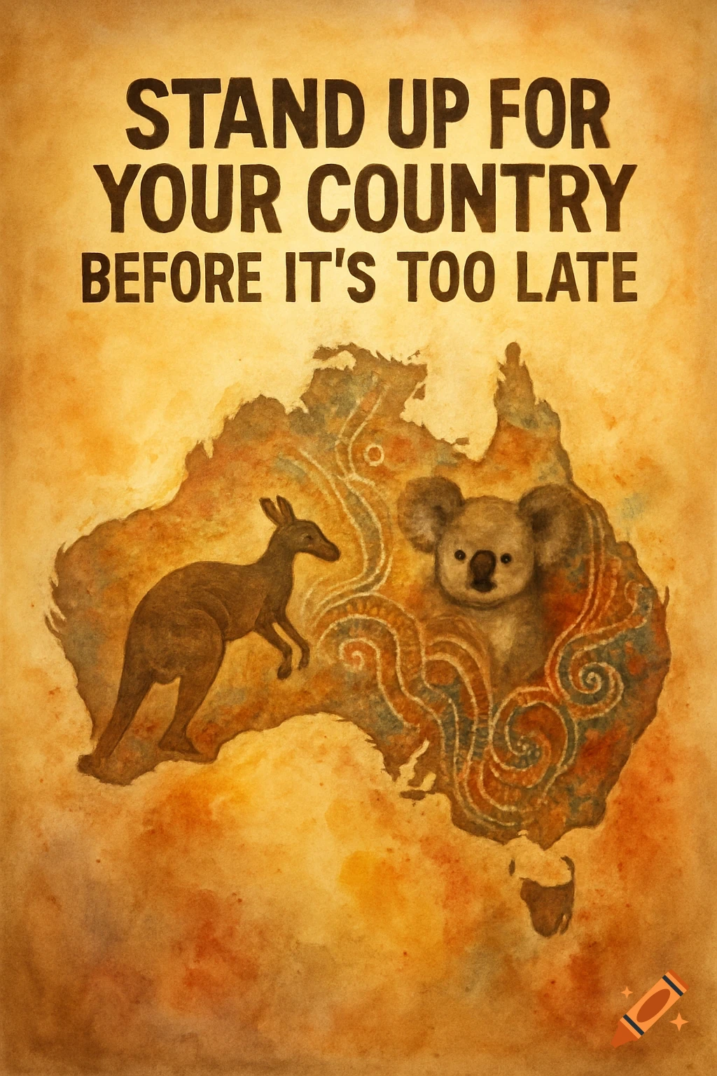 A vintage-style poster depicting a map of Australia with a kangaroo and a koala, above which reads "STAND UP FOR YOUR COUNTRY BEFORE IT'S TOO LATE."