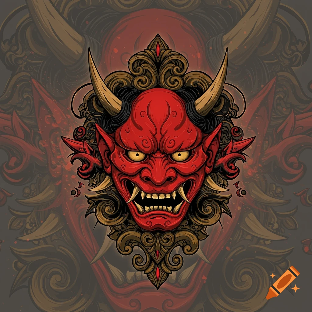 Detailed red Japanese Oni mask with yellow eyes and sharp teeth, surrounded by ornate gold and brown decorative elements.