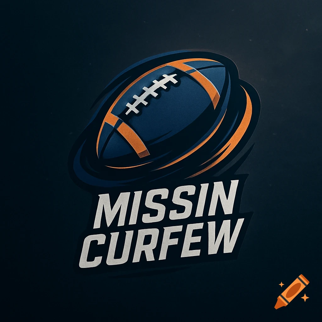 A stylized football logo with a blue and orange football encircled by orange streaks, above the text 'MISSIN CURFEW' in white with a dark outline, on a dark background.