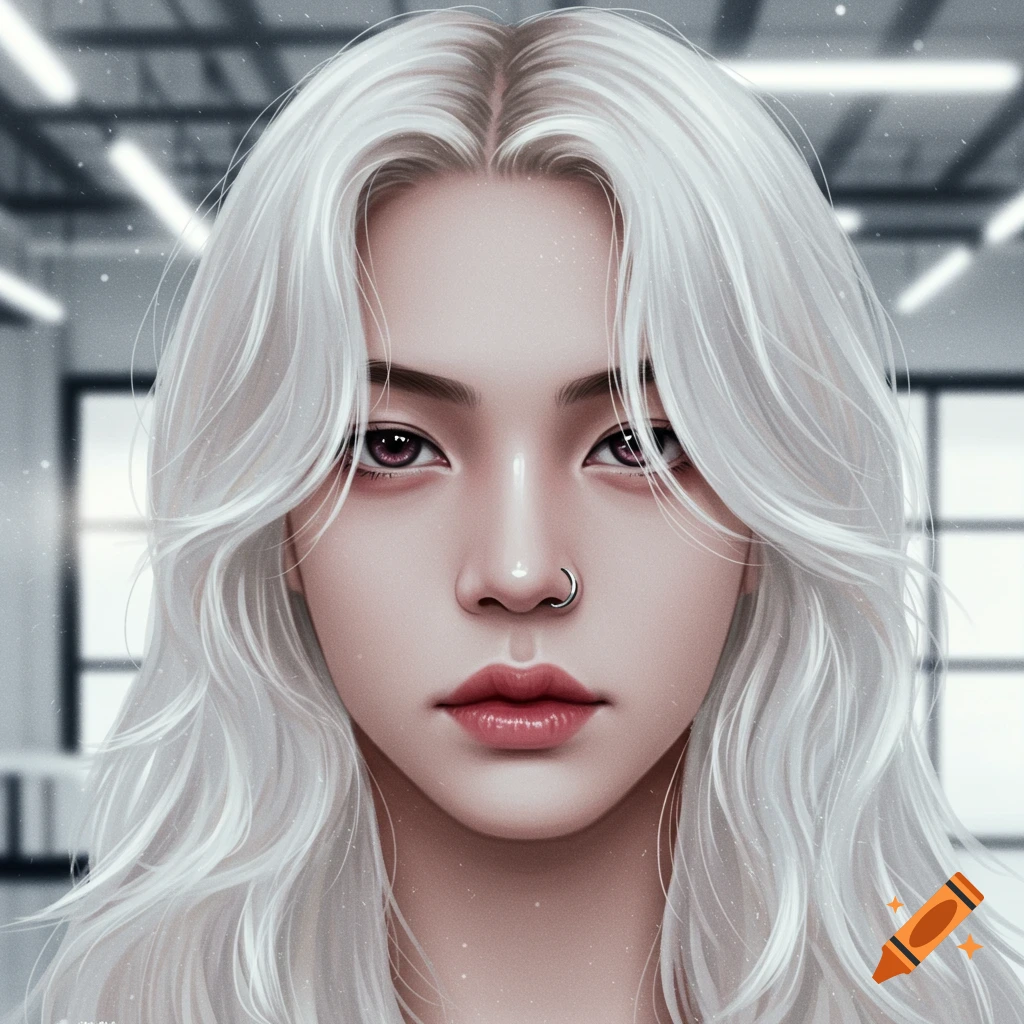 Close-up digital portrait of a person with pale skin, long wavy platinum blonde hair, reddish-purple eyes, and a nose ring, against a blurred light background.