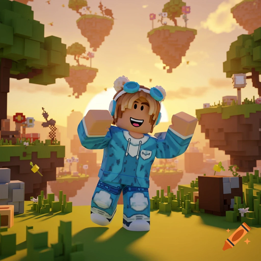 A cheerful Roblox avatar in a blue hoodie and goggles raising arms in a sunny blocky landscape with floating islands.