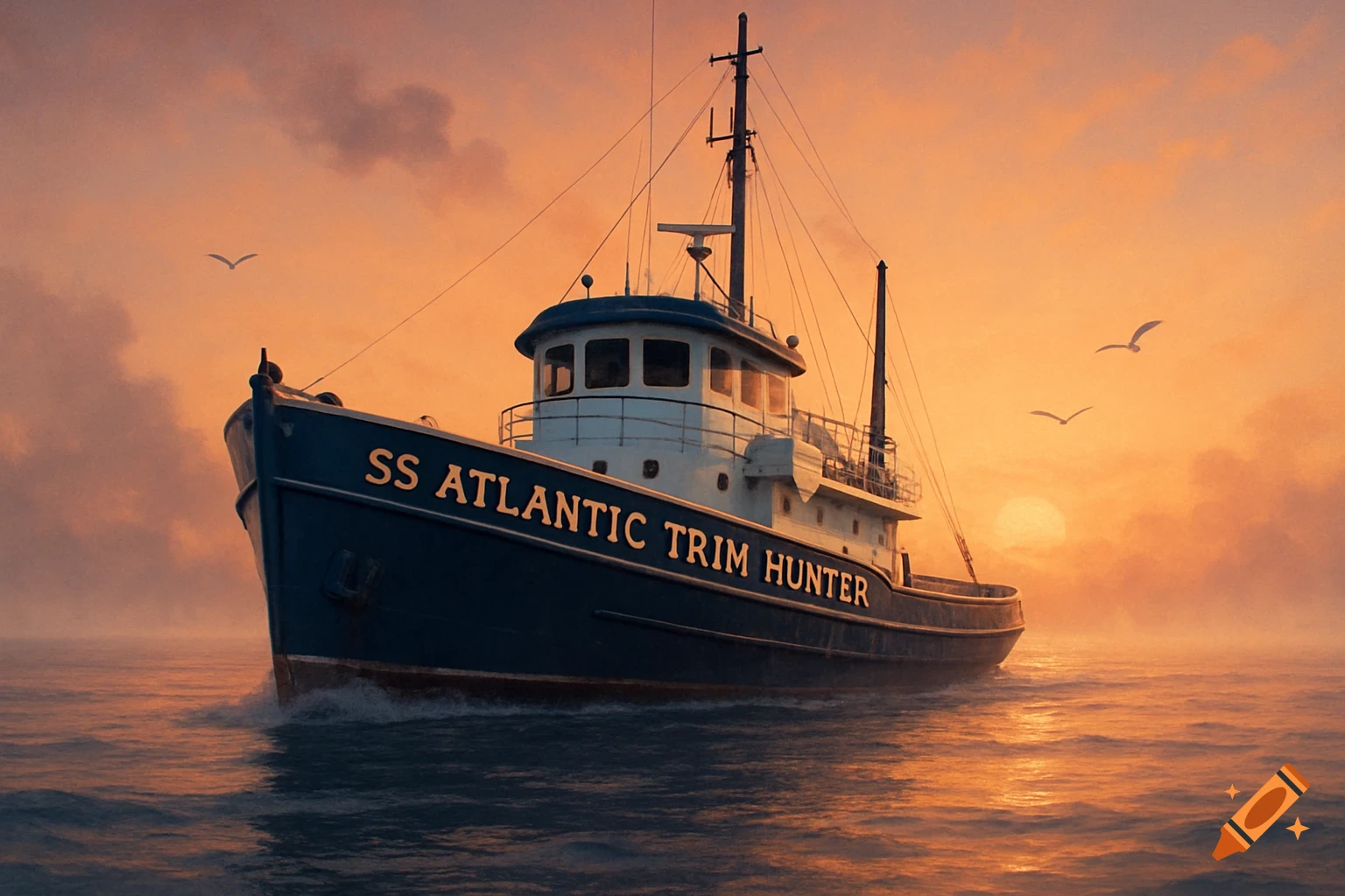 A dark blue boat named 'SS ATLANTIC TRIM HUNTER' on the water at sunset with birds flying in the orange sky. Photorealistic.