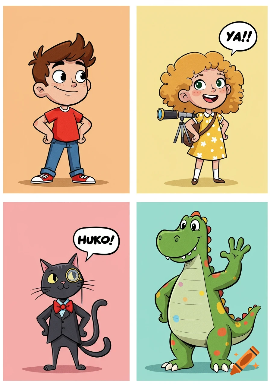 Four cartoon characters in separate panels: a boy, a girl with a telescope, a cat in a suit with a monocle, and a green dinosaur.