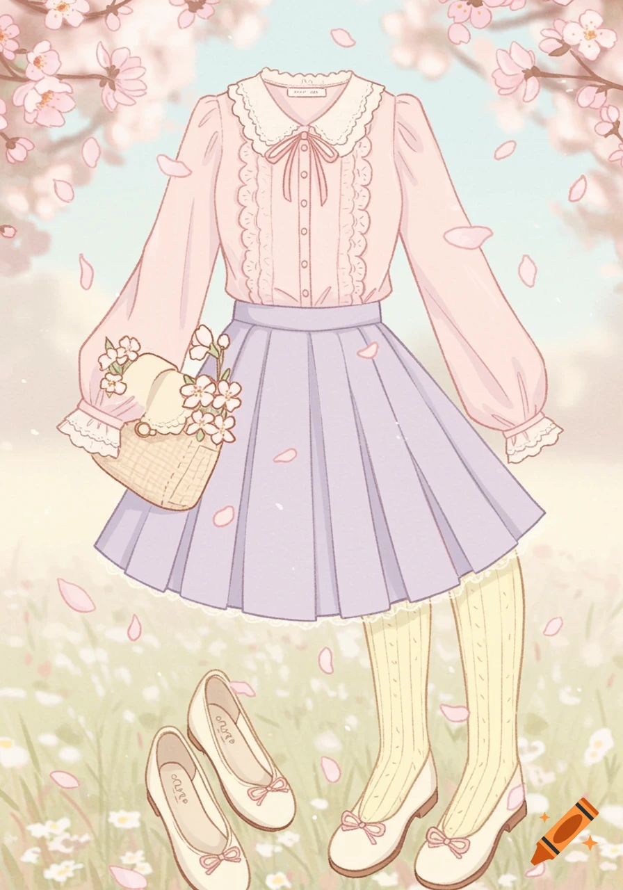 An animated illustration of a pastel outfit: pink blouse, lavender skirt, yellow socks, and white ballet flats, amidst falling cherry blossoms.