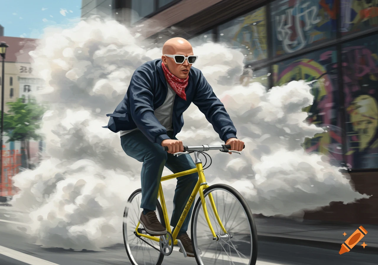 A bald man in white sunglasses and a red bandana rides a yellow bicycle through an urban street, surrounded by a cloud of vape smoke.