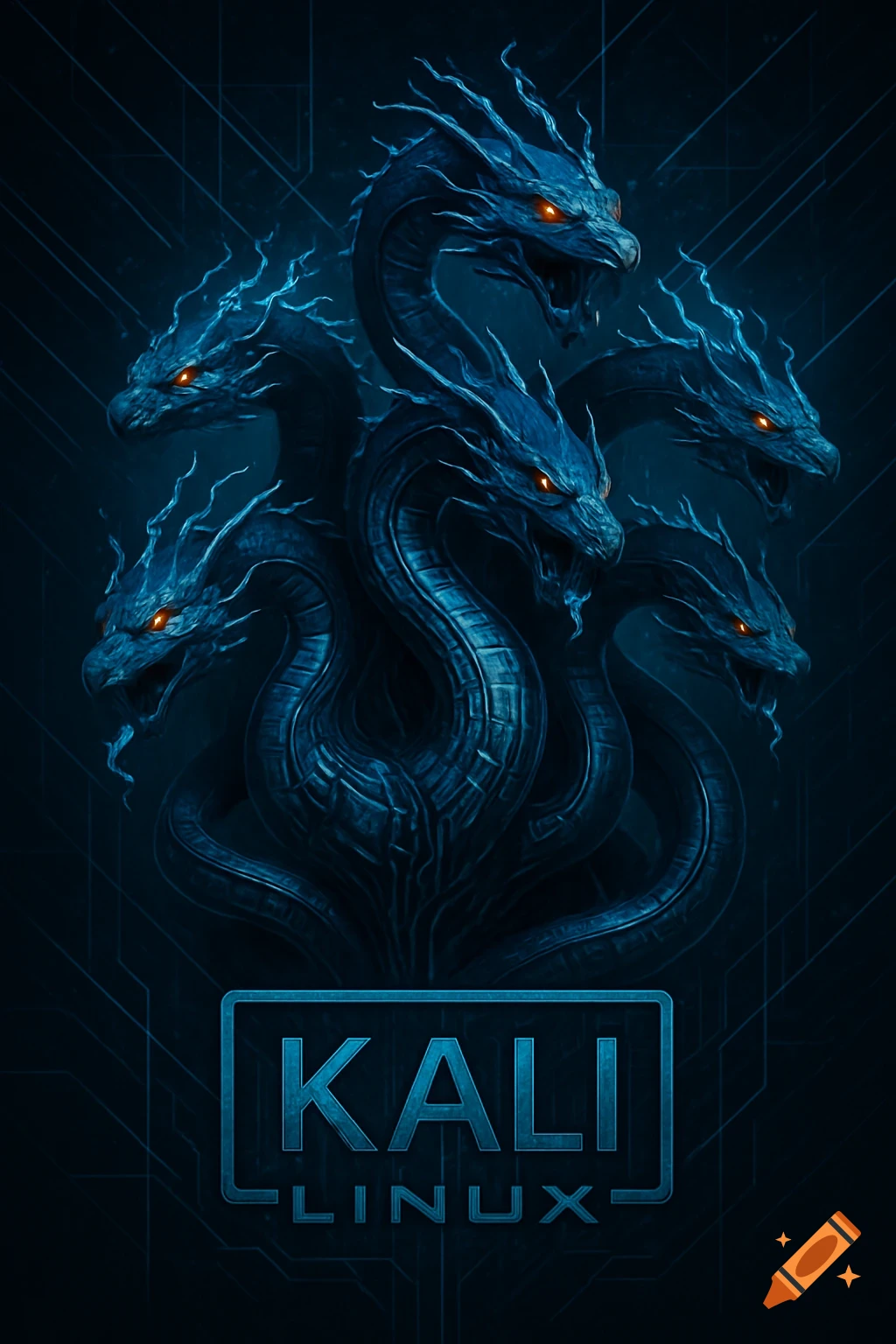 A dark blue multi-headed dragon with glowing orange eyes, stylized above a futuristic 'KALI LINUX' logo on a dark, tech-themed background.