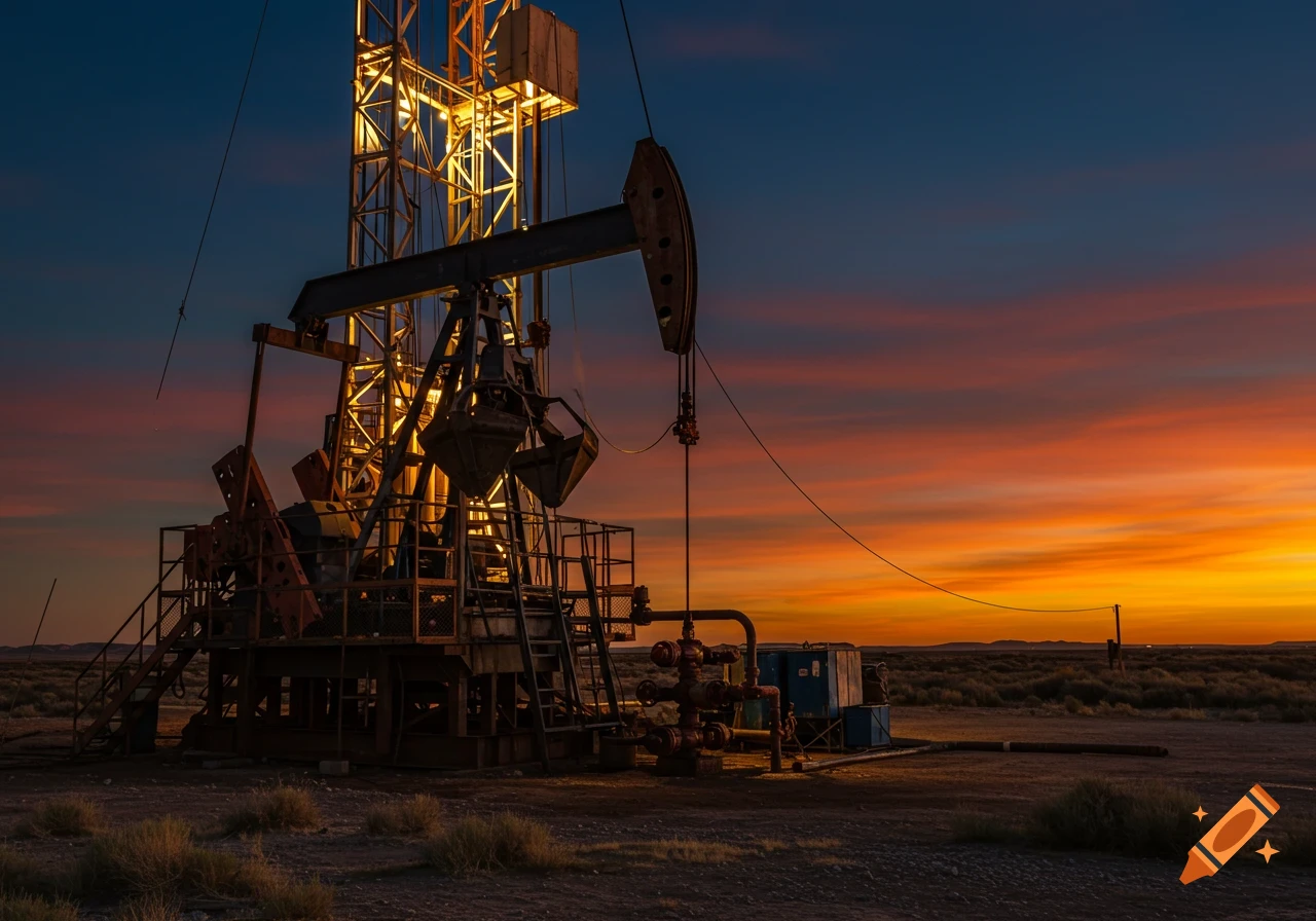 Oil rig illuminated against a vibrant orange and blue sunset in a vast, flat landscape.